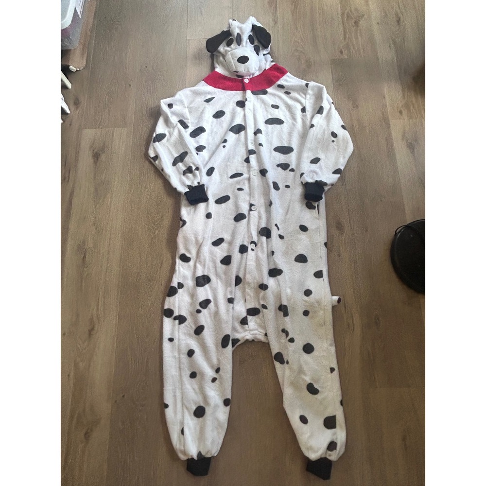 White Dalmatian Onesie Halloween Costume Adult Medium Fleece Hooded Jumpsuit
